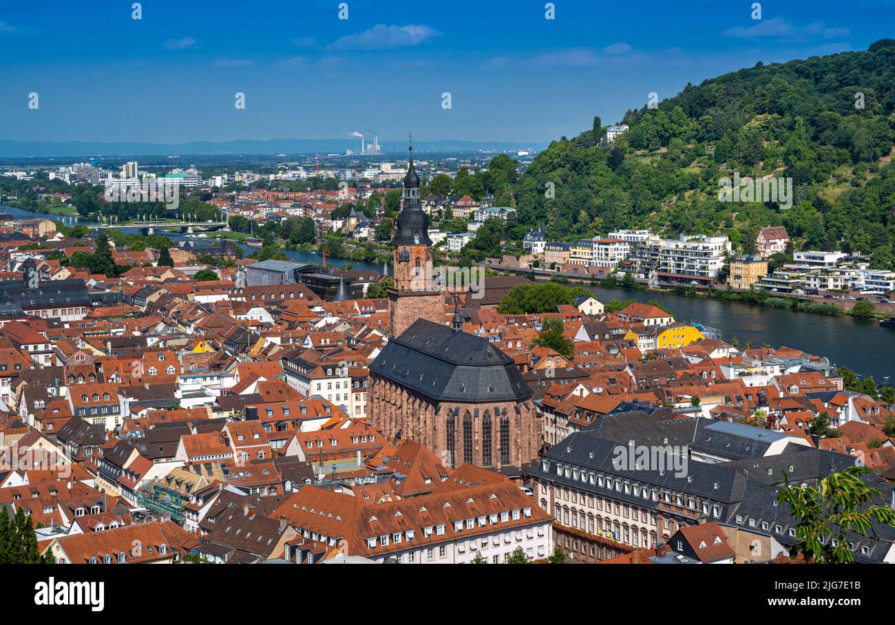 View of the old town of Heidelberg with the Holy Spirit Church and the river Neckar. Baden Wuerttemberg, Germany, Europe Stock Photo