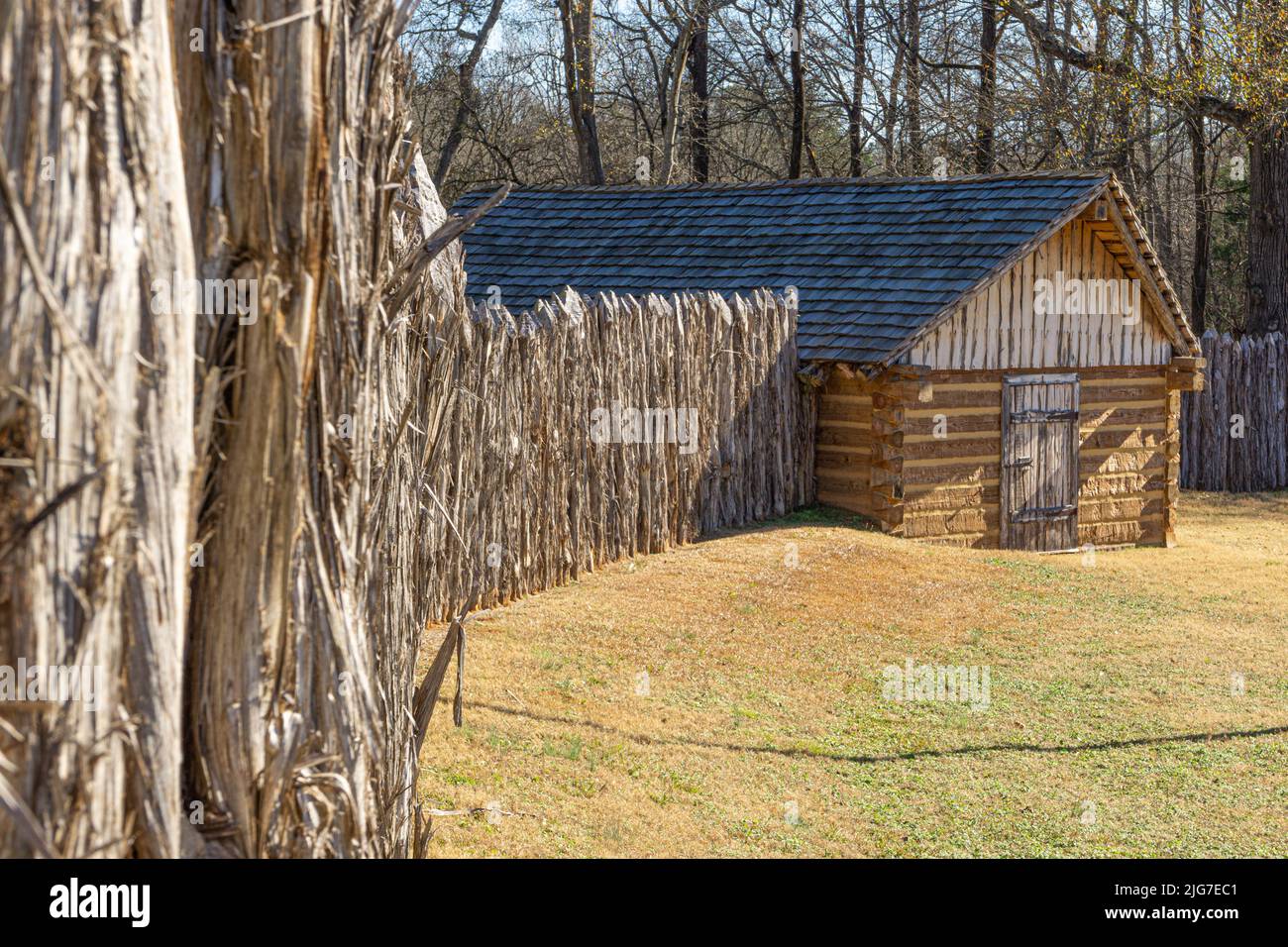 Reconstruction of the log building and stockade fence at the site of the first Southern battle of the Revolutionary War in Ninety-Six, South Carolina Stock Photo
