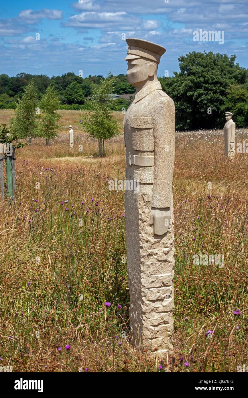 The Regiment of Trees (2017-2019) Hill House Edge sandstone sculptures carved by Patrick Walls at Langley Vale Centenary Wood, Epsom, Surrey, England Stock Photo