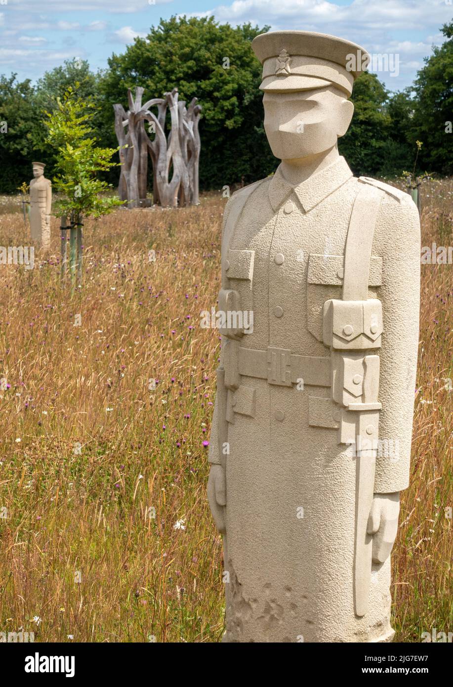 The Regiment of Trees (2017-2019) and Witness (2016-2021) sculptures at Langley Vale Centenary Wood in Epsom, Surrey, England, UK Stock Photo