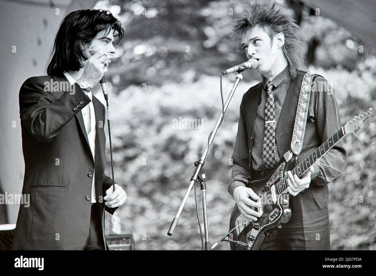 Singer Nick Cave together with guitarist Blixa Bargeld at the concert of the Australian group 'Nick Cave And The Bad Seeds' in Hamburg's Stadtpark. Stock Photo