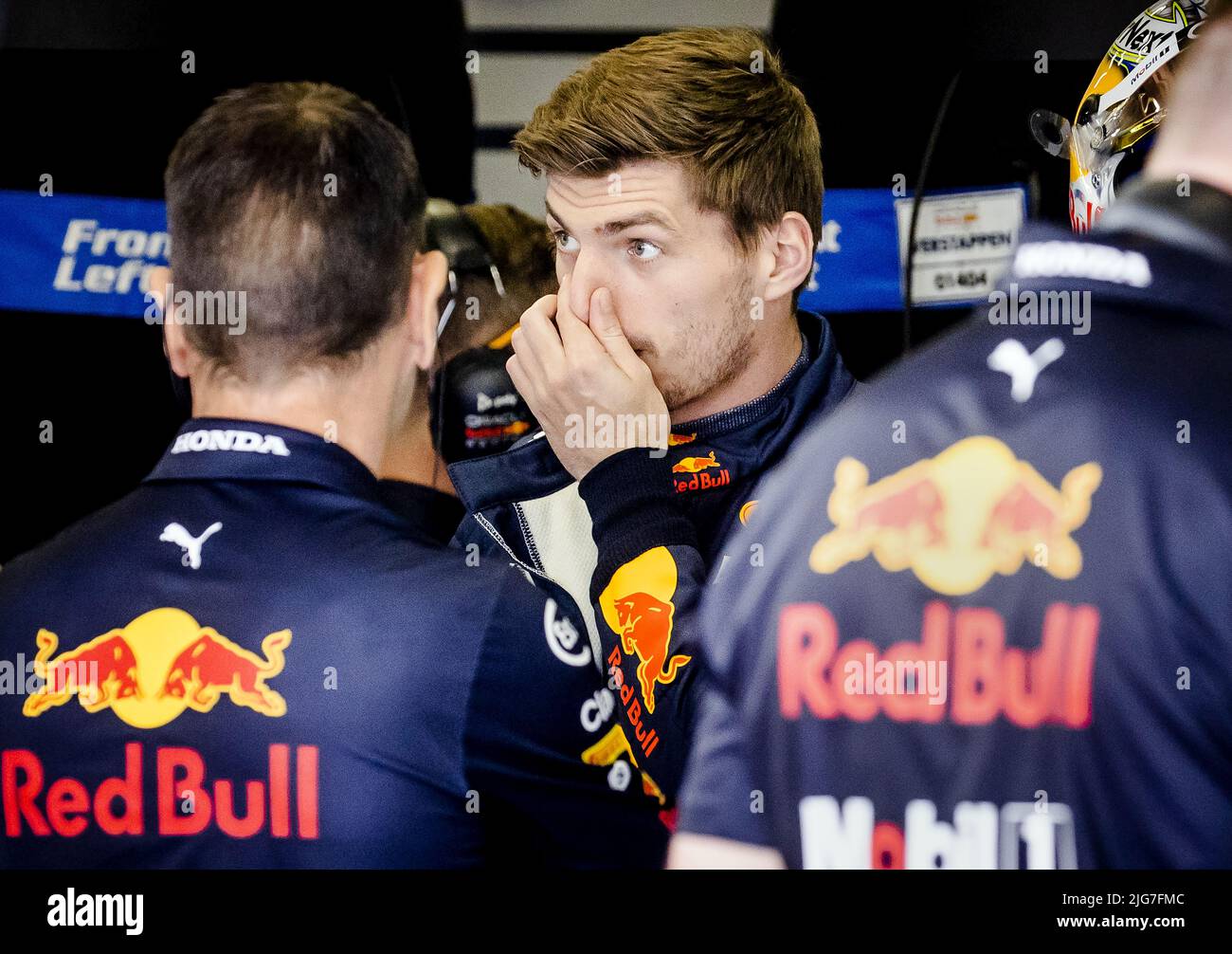 SPIELBERG - Max Verstappen (Red Bull) in the pit box prior to the 1st practice session ahead of the F1 Grand Prix of Austria at the Red Bull Ring on July 8, 2022 in Spielberg, Austria. ANP SEM VAN DER WAL Credit: ANP/Alamy Live News Stock Photo