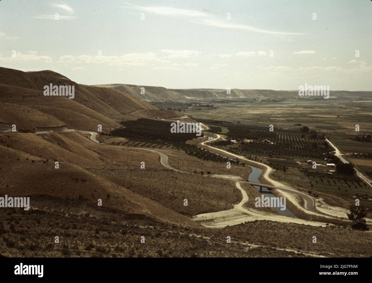 Cherry orchards and irrigation ditch, Emmett, Idaho. Stock Photo