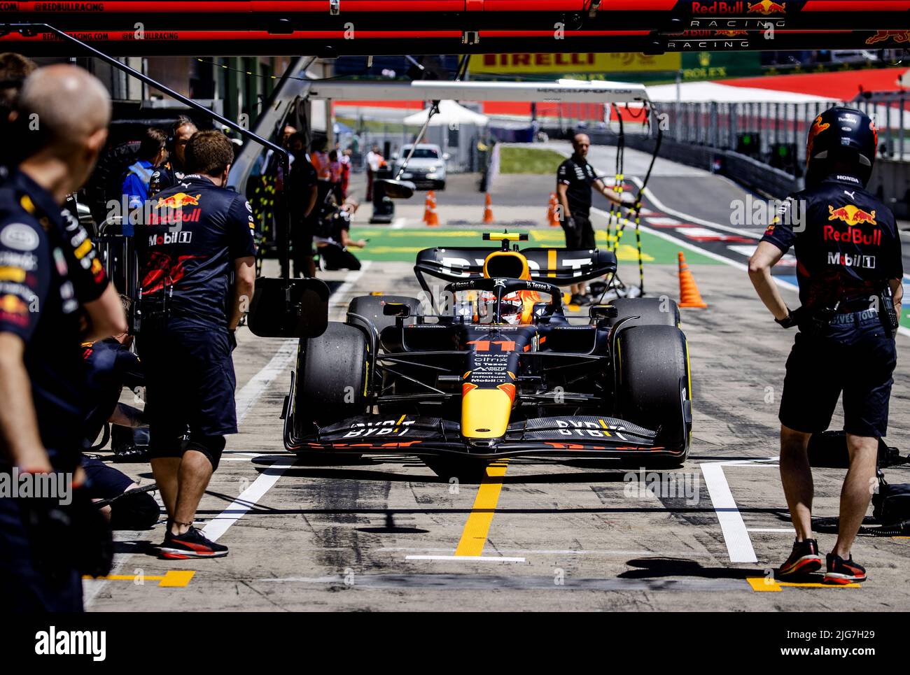 SPIELBERG - Sergio Perez (11) with the Oracle Red Bull Racing RB18 Honda in the pit lane during practice 1 ahead of the F1 Grand Prix of Austria at the Red Bull Ring on July 8, 2022 in Spielberg, Austria. ANP SEM VAN DER WAL Credit: ANP/Alamy Live News Stock Photo