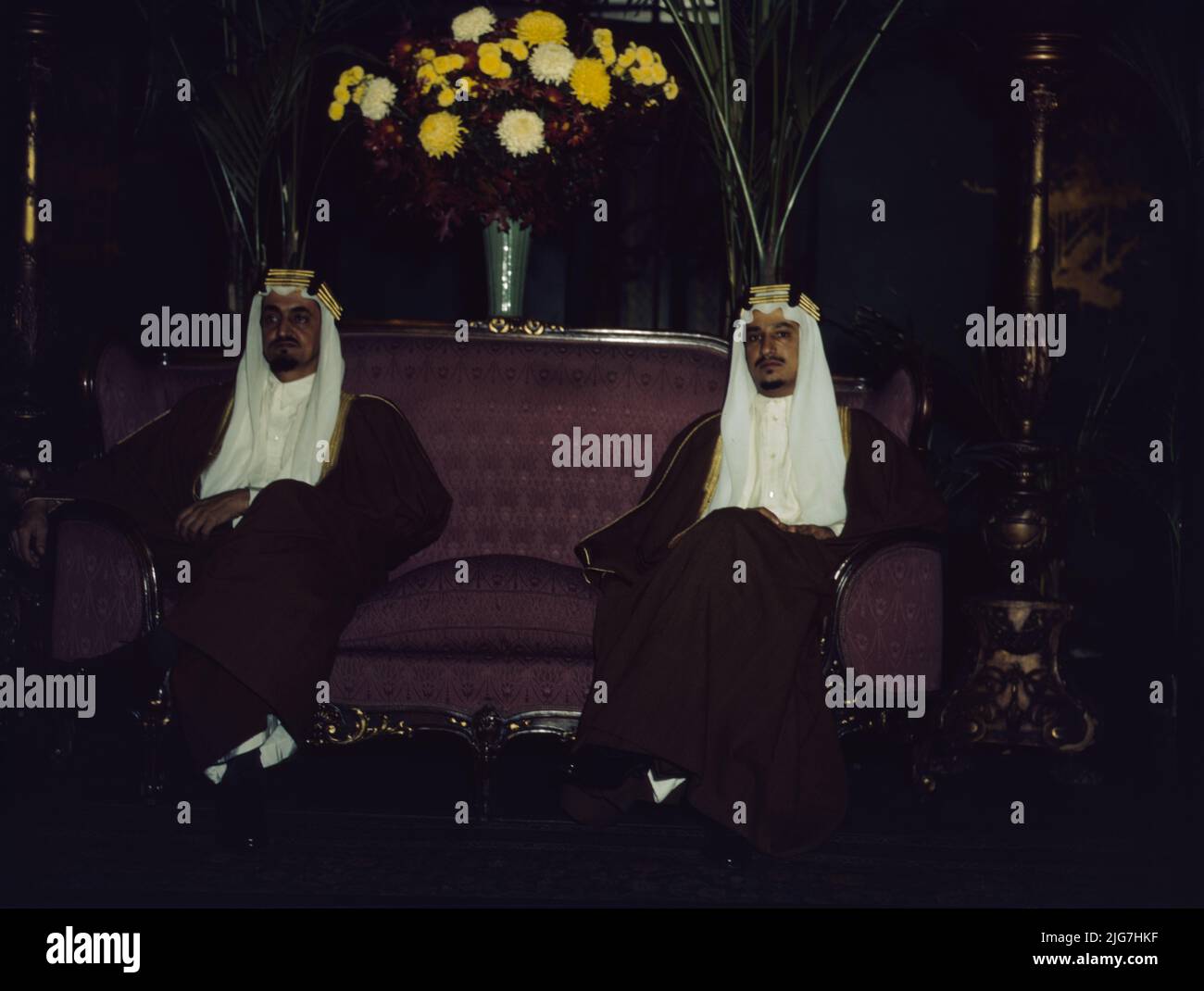 Amir Khalid [right] and Amir Faisal, sons of King Ibn Saud of Saudi Arabia. Their Royal Highnesses recently concluded an extensive visit in the United States as guests of the government. They have made a special study of irrigation projects in the United States. The princes at their own farewell reception in the nation's capital. Stock Photo