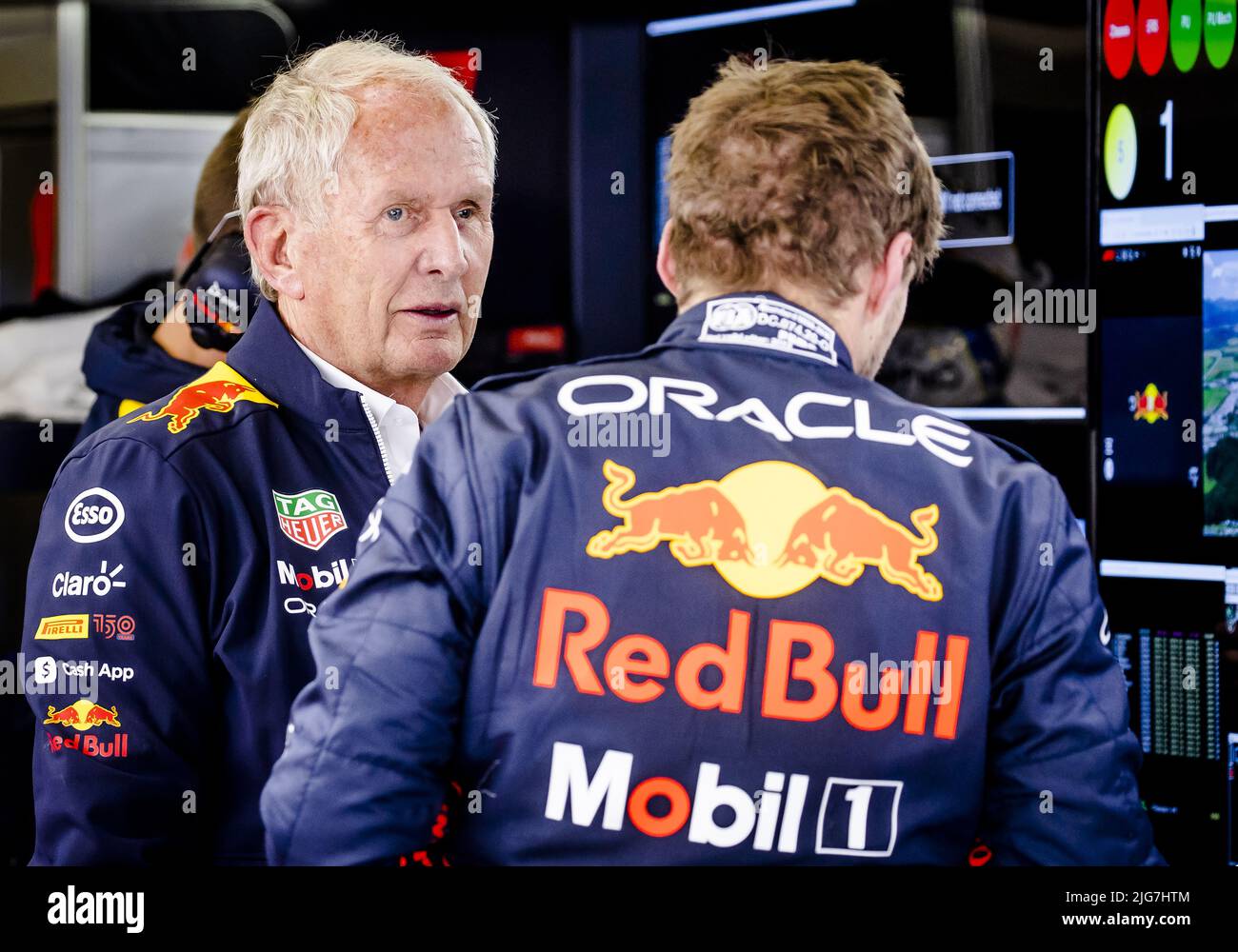 SPIELBERG - Helmut Marko and Max Verstappen (Red Bull) in the pit box after the 1st practice session ahead of the F1 Austrian Grand Prix at the Red Bull Ring on July 8, 2022 in Spielberg, Austria. ANP SEM VAN DER WAL Credit: ANP/Alamy Live News Stock Photo