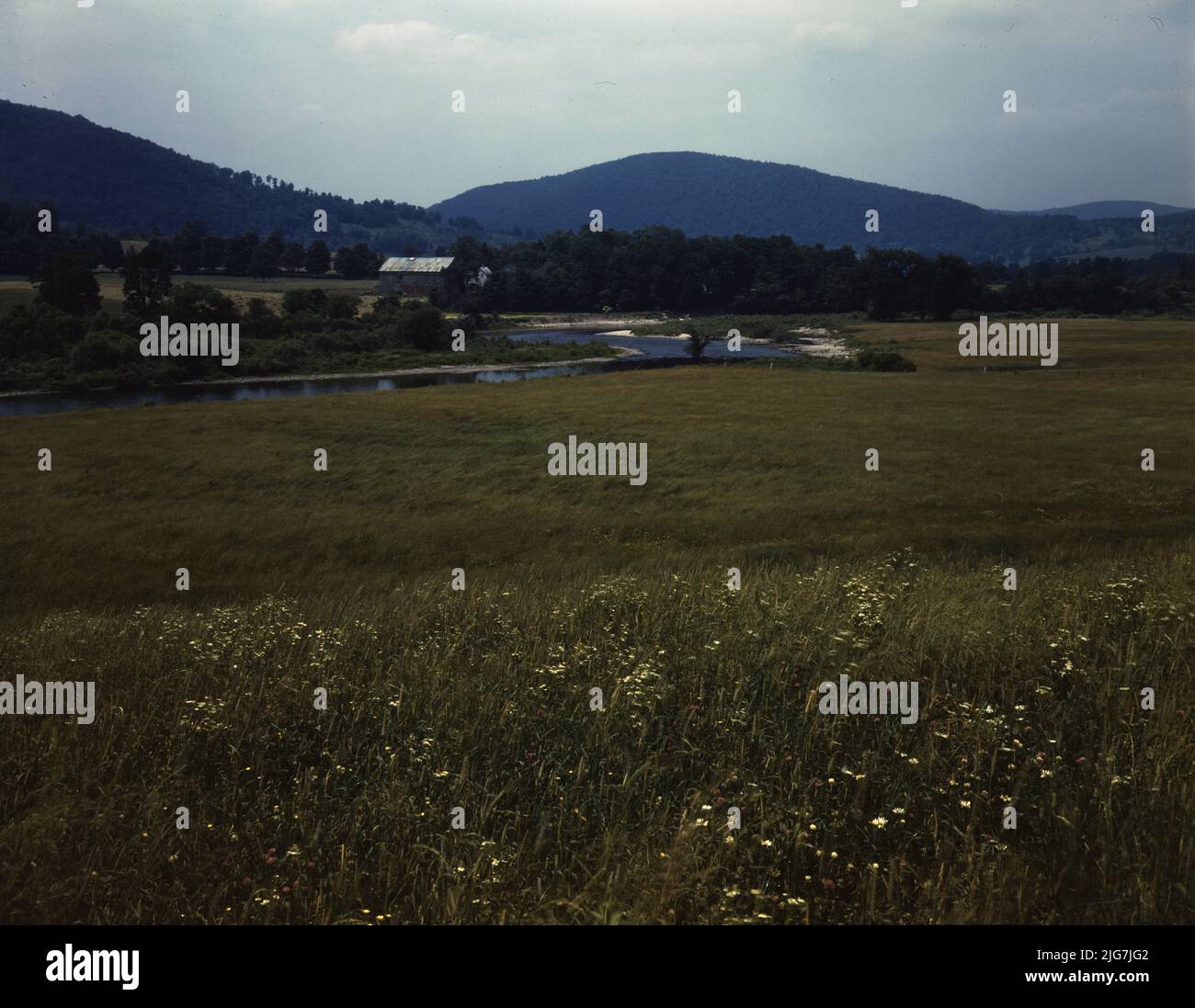 Farmland along the upper Delaware River in New York state Stock Photo
