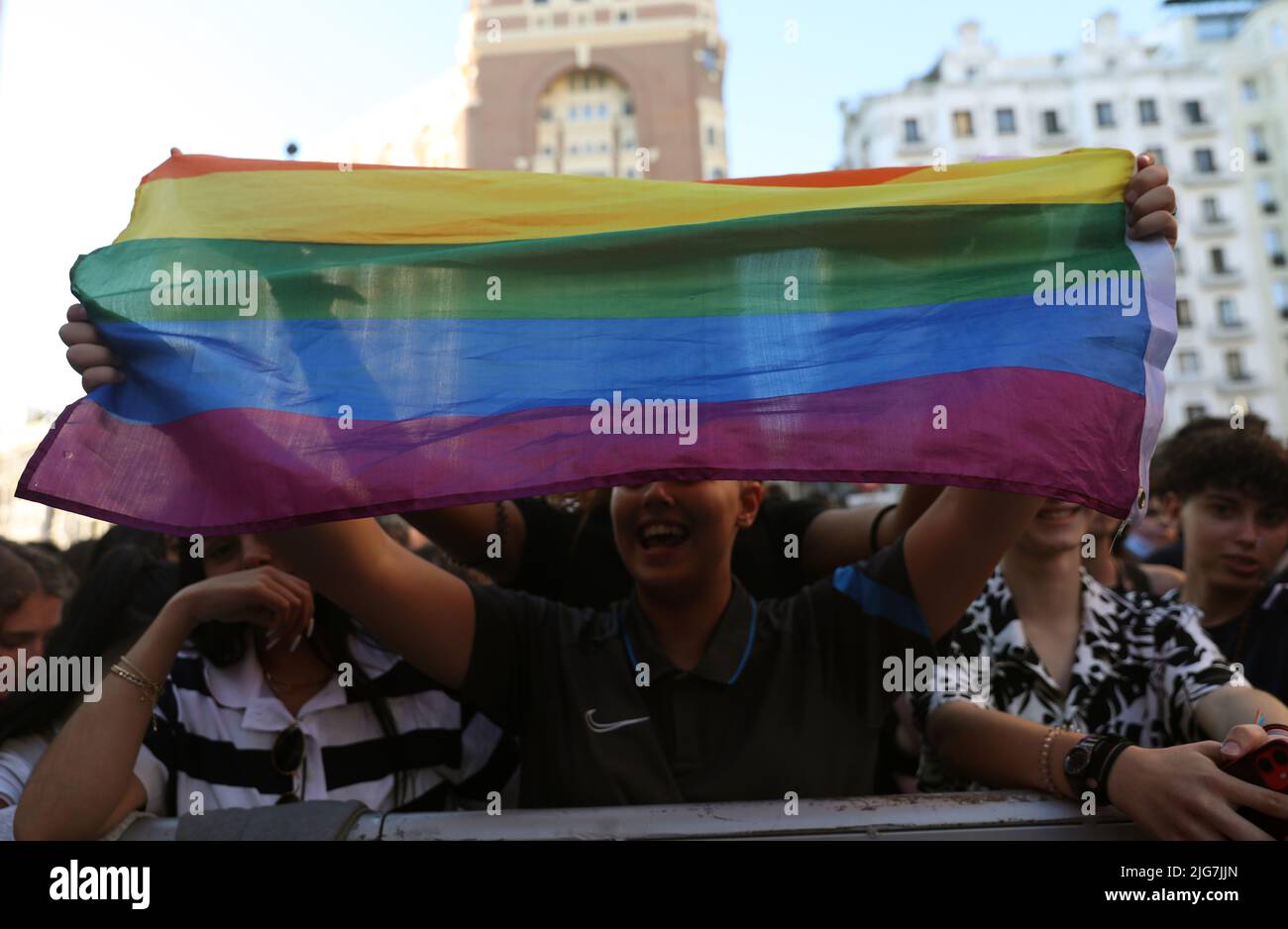 Madrid, Spain. 7th June, 2022. Partygoers wave a LGBTQ+ Pride flag at a concert during Pride week in Madrid, Spain. Credit: Isabel Infantes/Alamy Live News Stock Photo