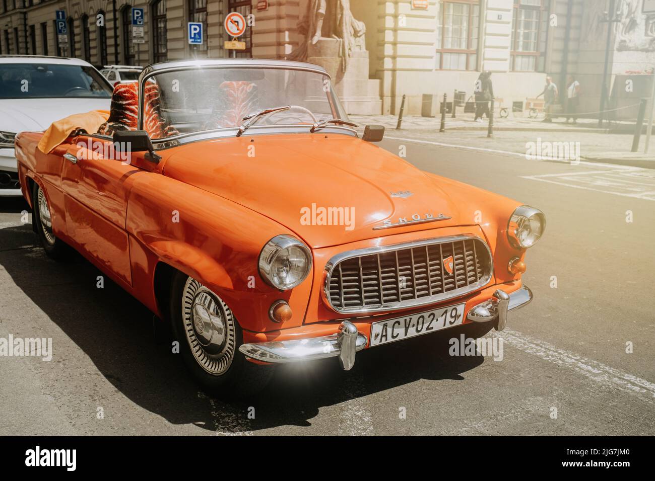 Prague, Czech Republic - July, 2022. Skoda automobile, 450 orange roadster, produced from 1957 to 1959, retro model of car. Vintage style. Stock Photo