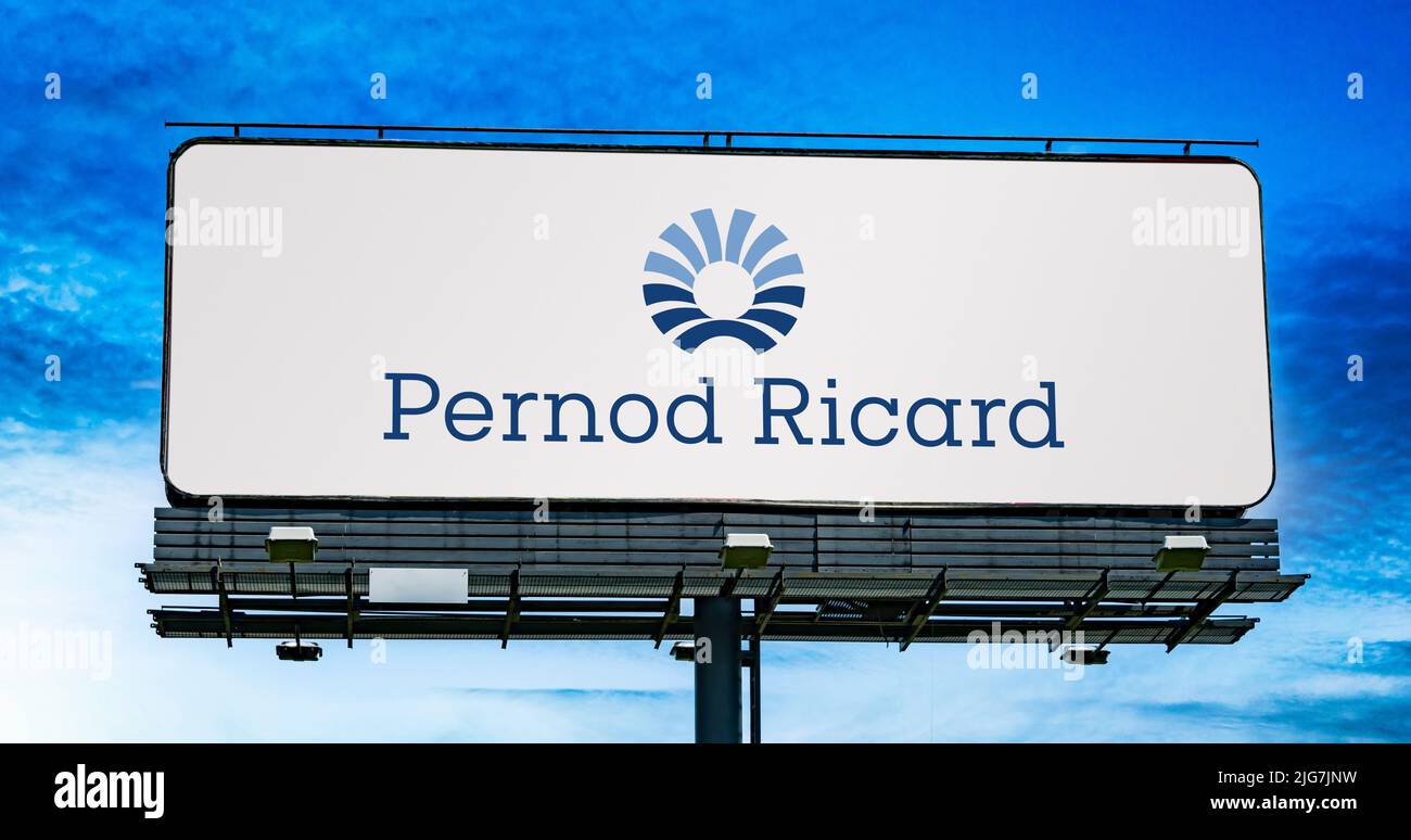 POZNAN, POL - JUN 23, 2022: Advertisement billboard displaying logo of Pernod Ricard, the world’s second-largest wine and spirits seller Stock Photo