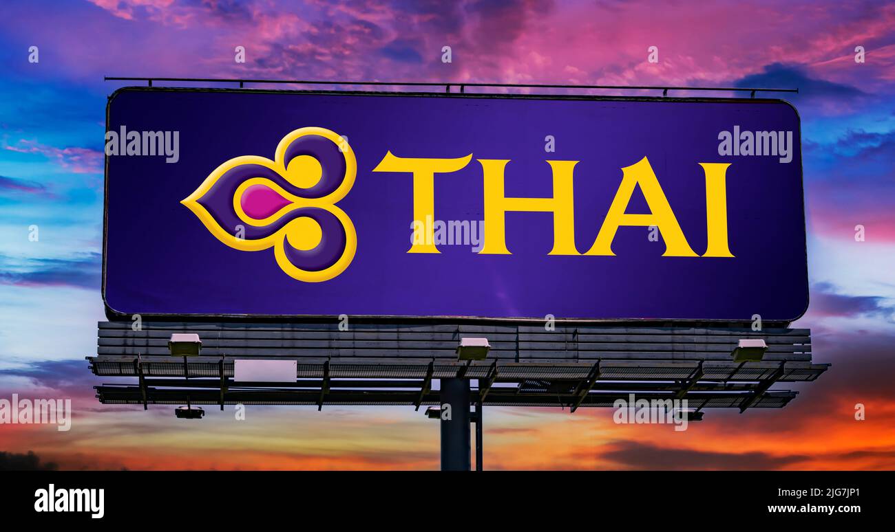 POZNAN, POL - JUN 28, 2022: Advertisement billboard displaying logo of Thai Airways International, the flag carrier airline of Thailand Stock Photo