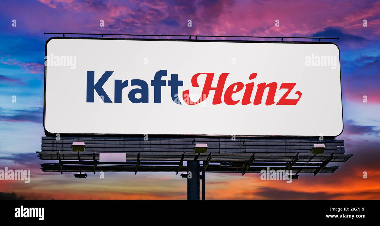 POZNAN, POL - JUN 23, 2022: Advertisement billboard displaying logo of Kraft Heinz, a multinational food company formed by the merger of Kraft Foods a Stock Photo