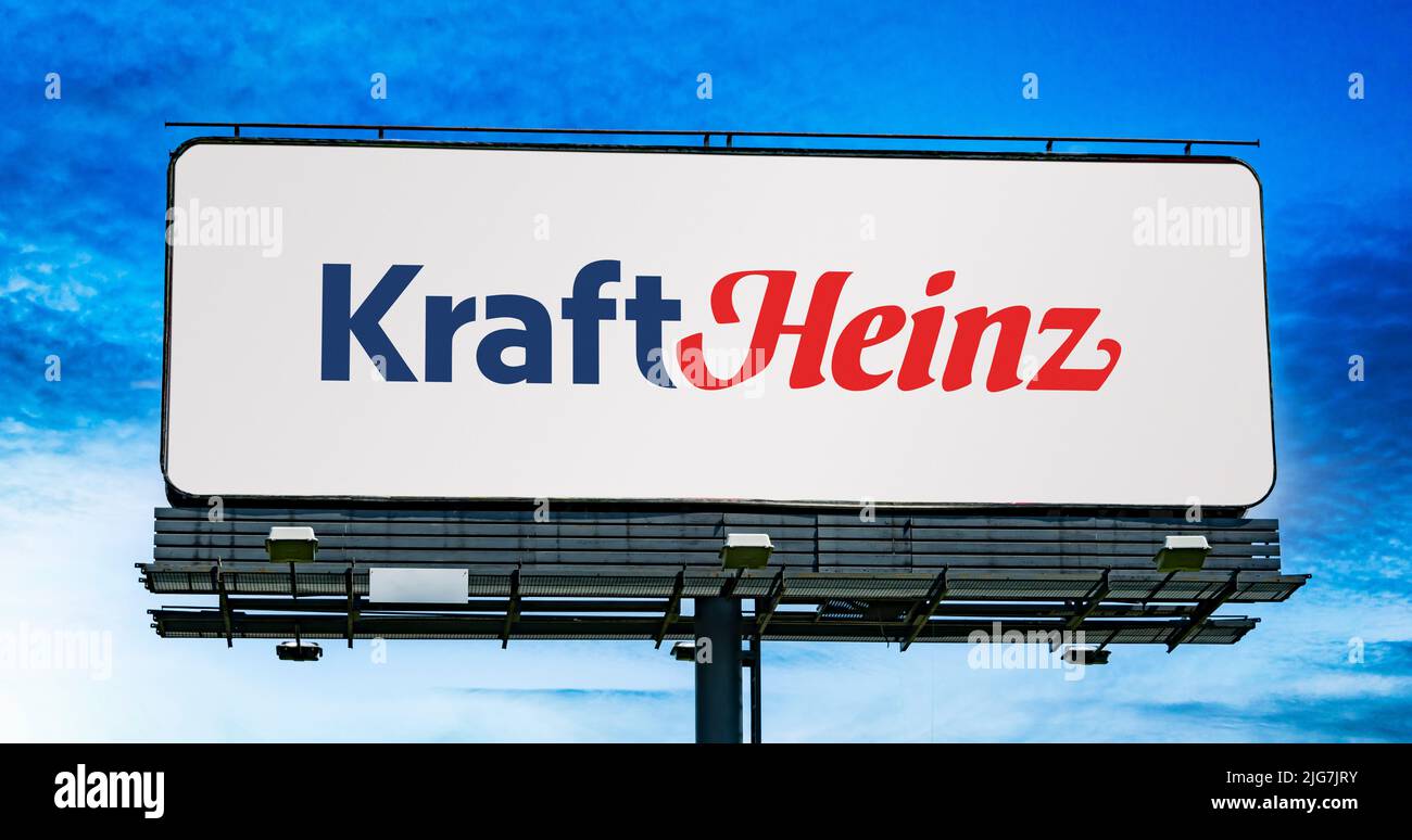 POZNAN, POL - JUN 23, 2022: Advertisement billboard displaying logo of Kraft Heinz, a multinational food company formed by the merger of Kraft Foods a Stock Photo
