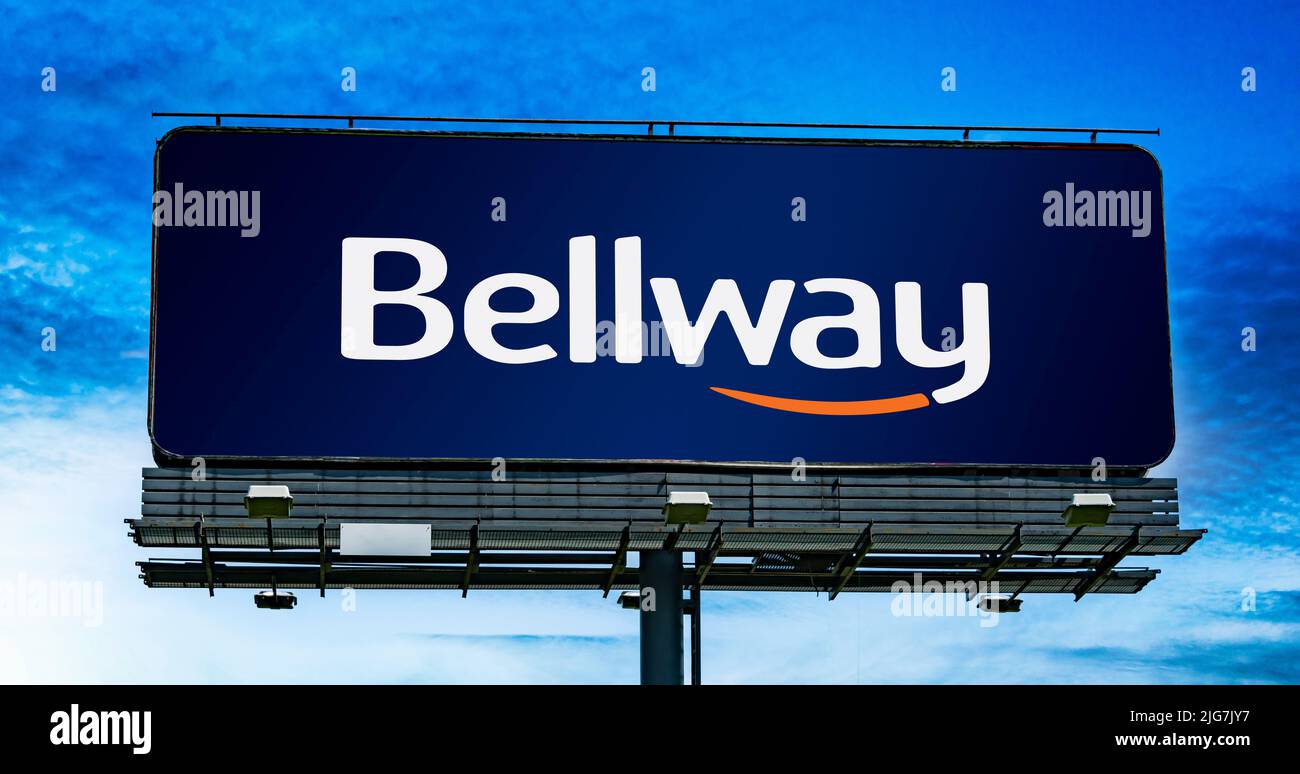 POZNAN, POL - JUN 23, 2022: Advertisement billboard displaying logo of Bellway, a residential property developer and housebuilder based in England Stock Photo