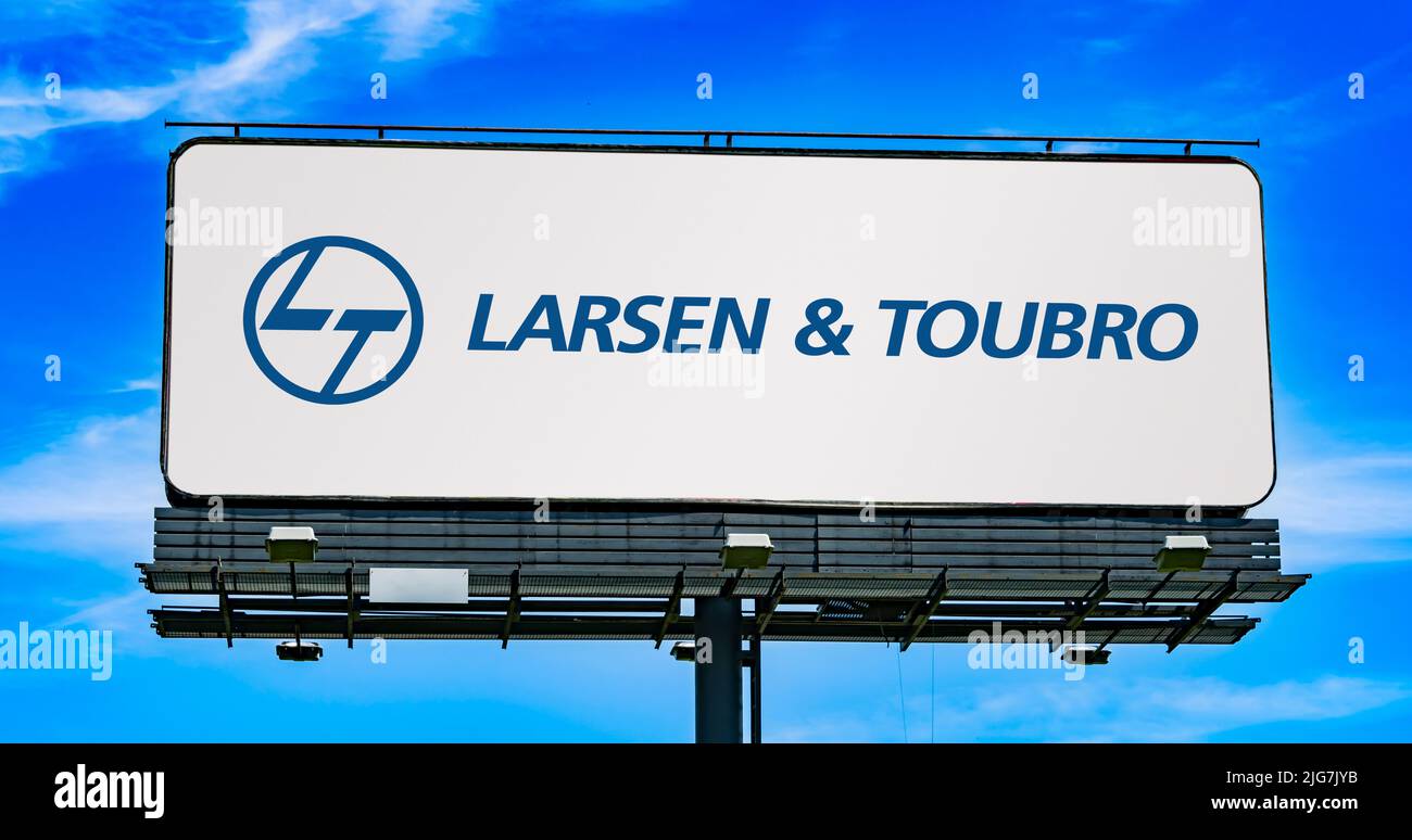 POZNAN, POL - JUN 23, 2022: Advertisement billboard displaying logo of Larsen and Toubro, a company, with business interests in engineering, construct Stock Photo
