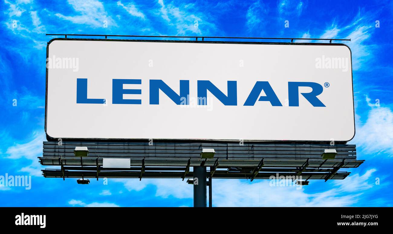 POZNAN, POL - JUN 23, 2022: Advertisement billboard displaying logo of Lennar Corporation, a home construction company based in Florida Stock Photo