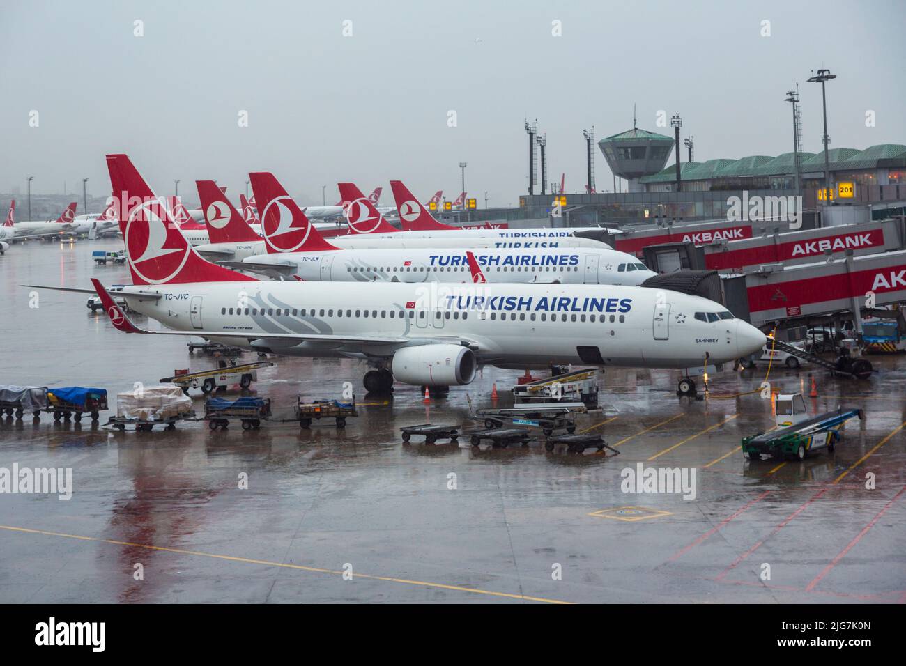 Turkish Airlines Boeing aircraft at Singapore's Changi airport, Republic of Singapore Stock Photo