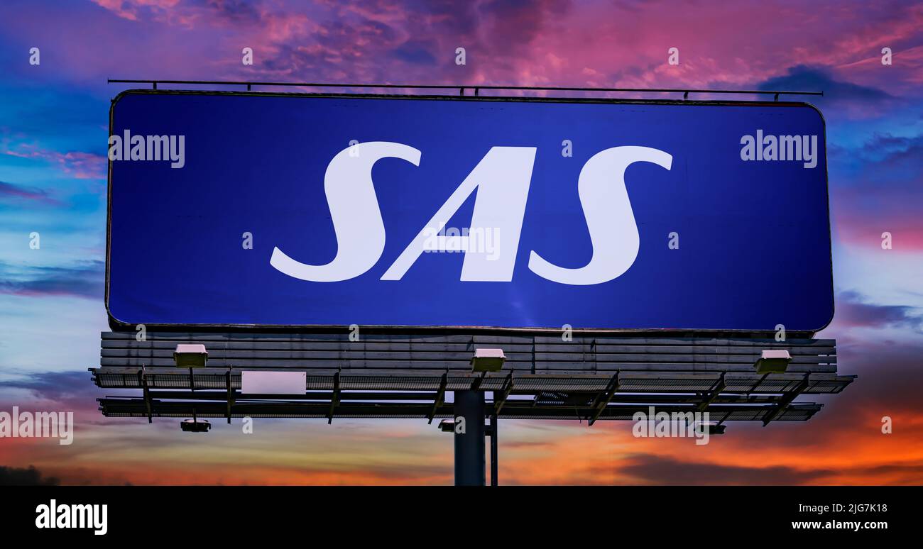 POZNAN, POL - JUN 23, 2022: Advertisement billboard displaying logo of Scandinavian Airlines, the flag carrier of Denmark, Norway, and Sweden Stock Photo