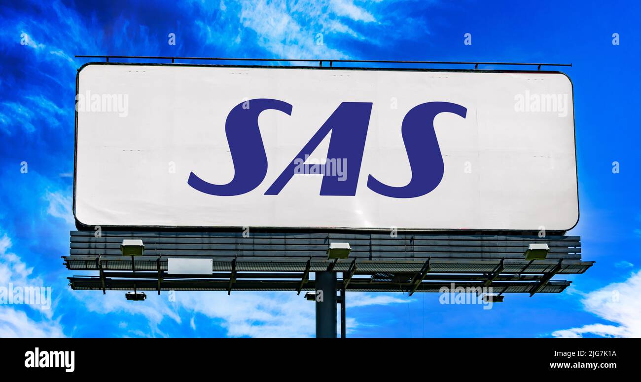 POZNAN, POL - JUN 23, 2022: Advertisement billboard displaying logo of Scandinavian Airlines, the flag carrier of Denmark, Norway, and Sweden Stock Photo