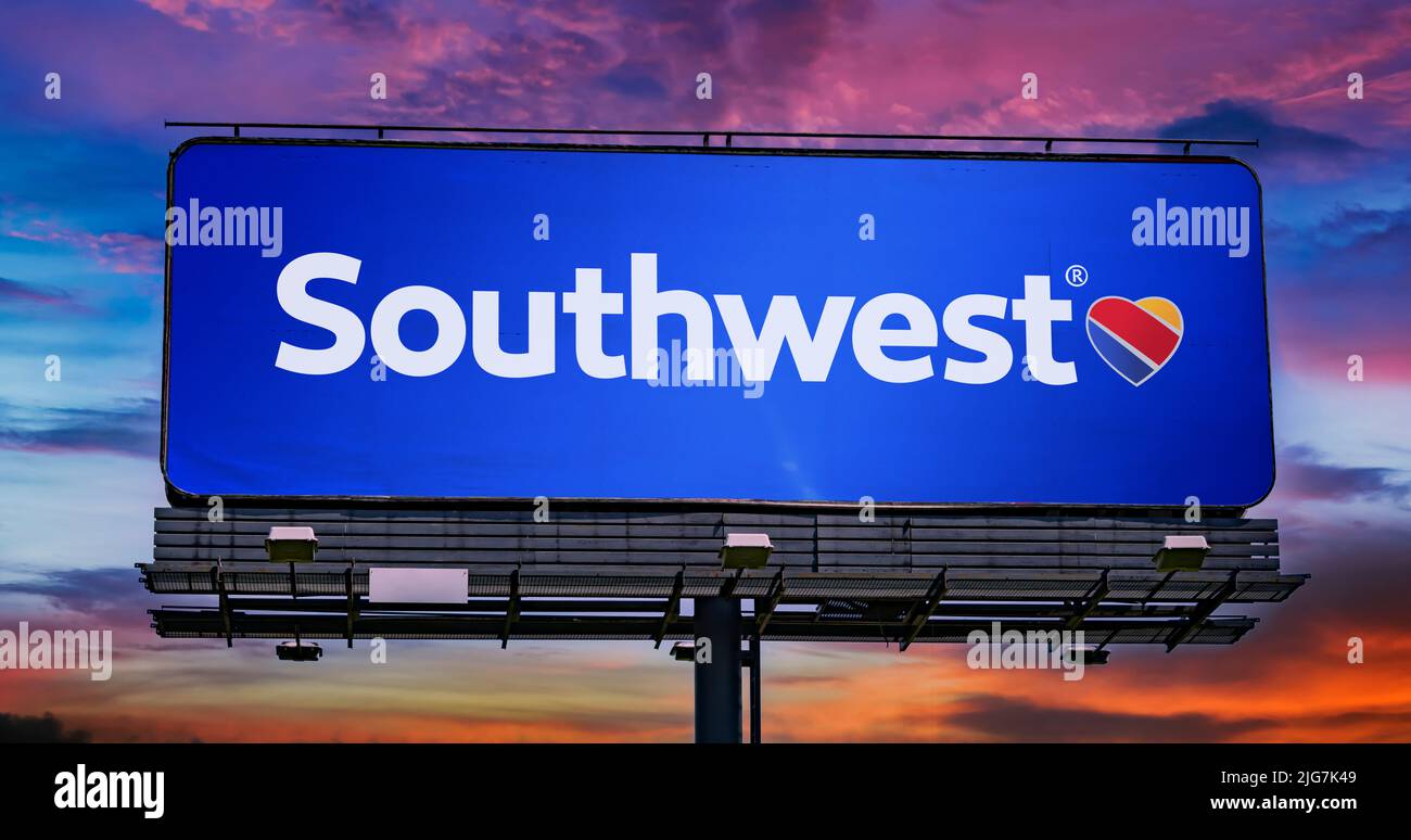 POZNAN, POL - JUN 23, 2022: Advertisement billboard displaying logo of Southwest Airlines, one of the major airlines of the US and the world's largest Stock Photo