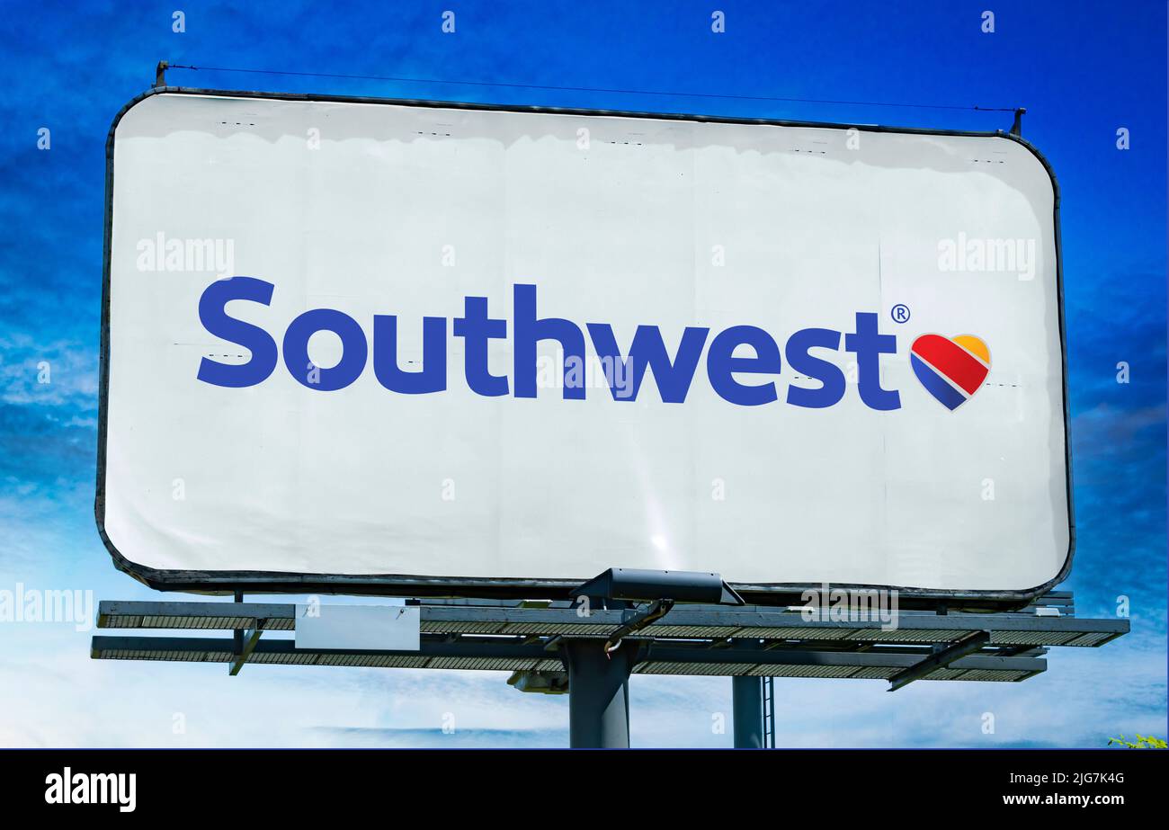 POZNAN, POL - JUN 23, 2022: Advertisement billboard displaying logo of Southwest Airlines, one of the major airlines of the US and the world's largest Stock Photo