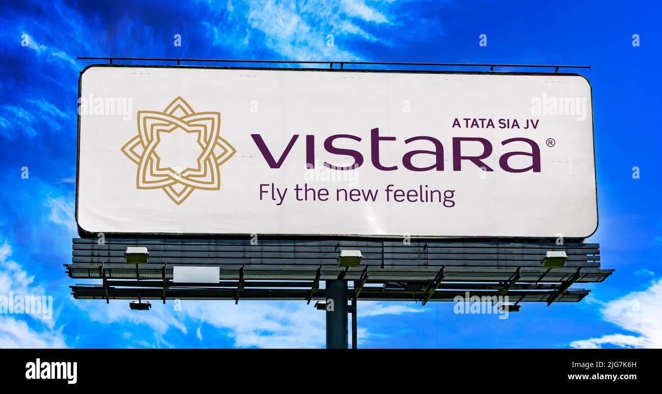 POZNAN, POL - JUN 23, 2022: Advertisement billboard displaying logo of Vistara, an Indian full-service airline, based in Gurgaon, with its hub at Indi Stock Photo