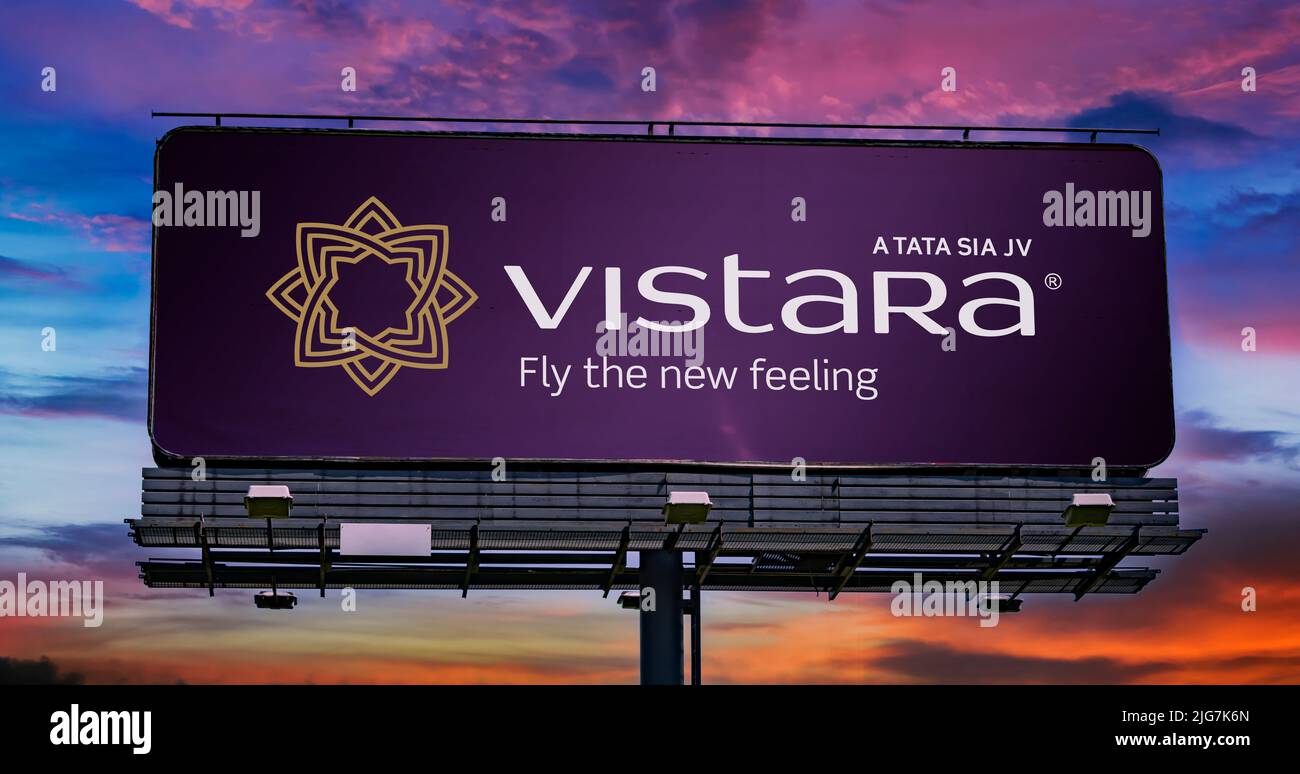 POZNAN, POL - JUN 23, 2022: Advertisement billboard displaying logo of Vistara, an Indian full-service airline, based in Gurgaon, with its hub at Indi Stock Photo