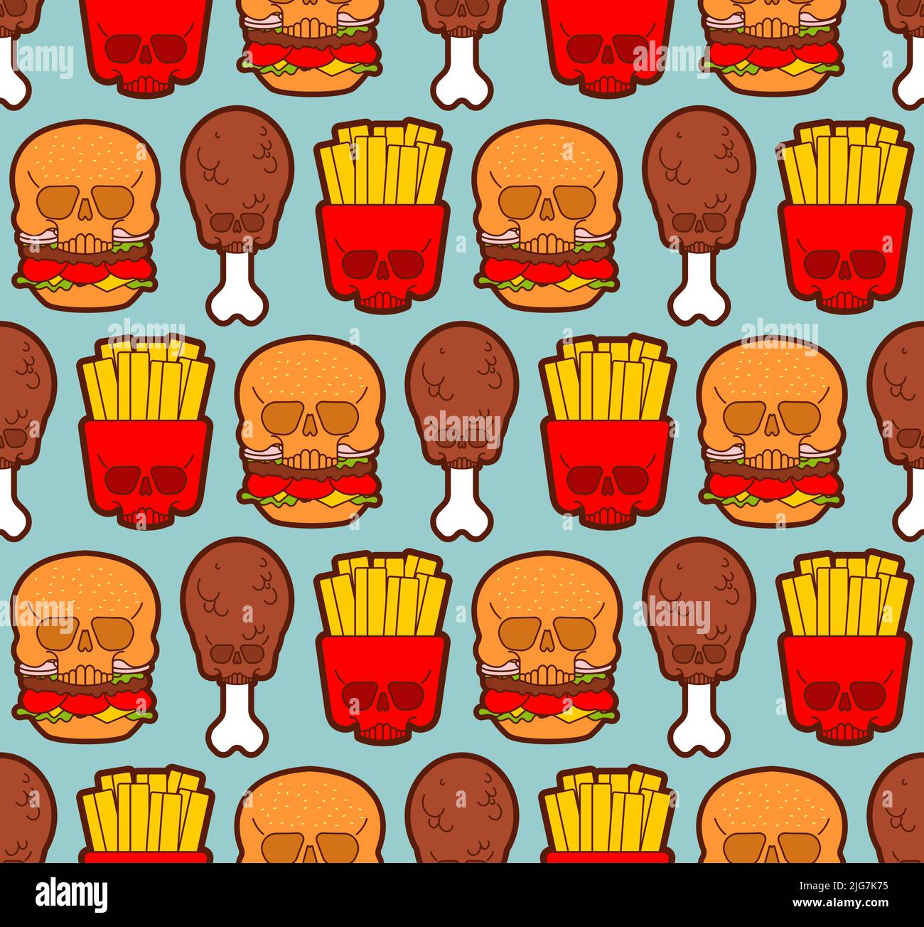 Skull fast food pattern seamless. burger and fried chicken leg and French fries background. Harmful food texture. not healthy fastfood ornament Stock Vector