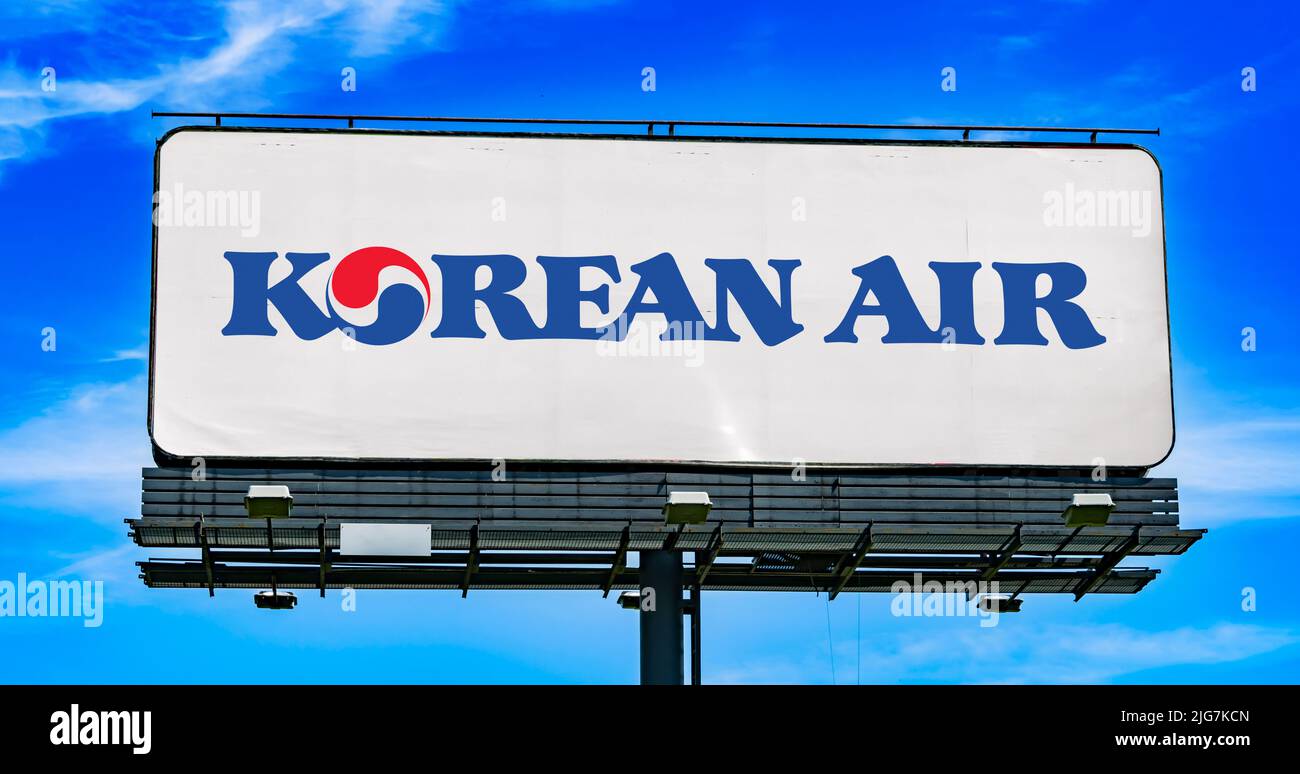 POZNAN, POL - JUN 23, 2022: Advertisement billboard displaying logo of Korean Air, the largest airline and flag carrier of South Korea Stock Photo