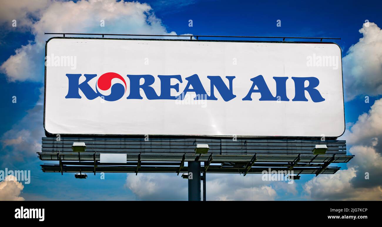 POZNAN, POL - JUN 23, 2022: Advertisement billboard displaying logo of Korean Air, the largest airline and flag carrier of South Korea Stock Photo