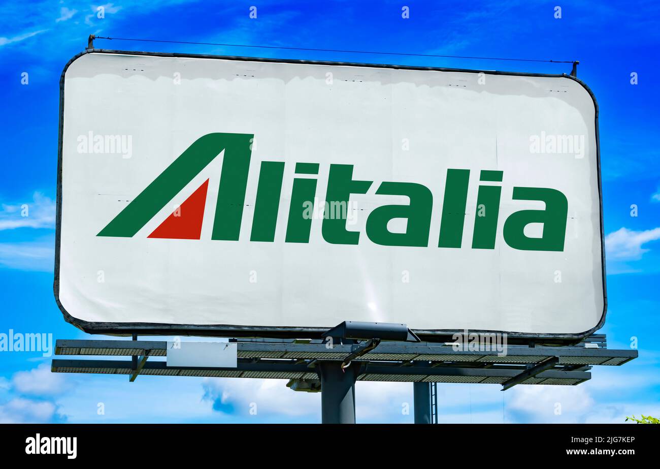 POZNAN, POL - JUN 23, 2022: Advertisement billboard displaying logo of Alitalia, an airline which was once the flag carrier and largest airline of Ita Stock Photo