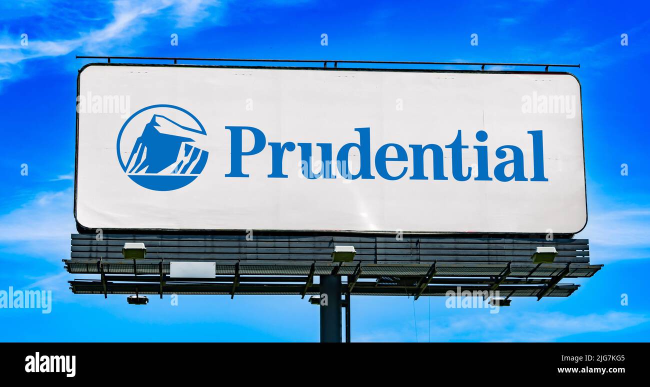POZNAN, POL - JUN 28, 2022: Advertisement billboard displaying logo of Prudential Financial, a company whose subsidiaries provide financial services Stock Photo