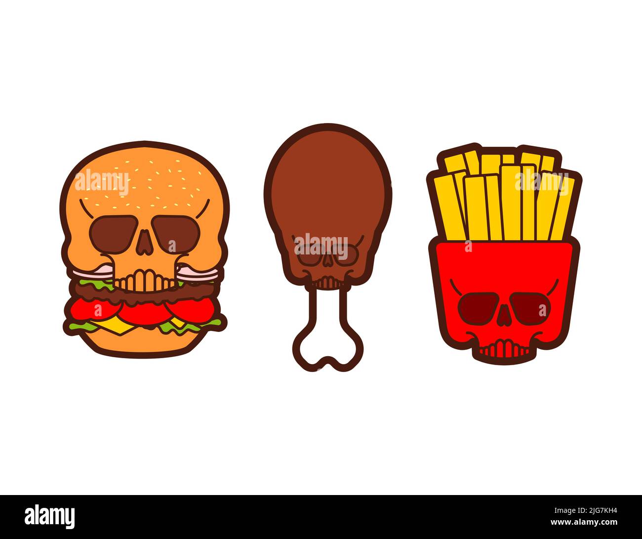 Skull fast food. burger and fried chicken leg and French fries. Harmful food. not healthy fastfood Stock Vector