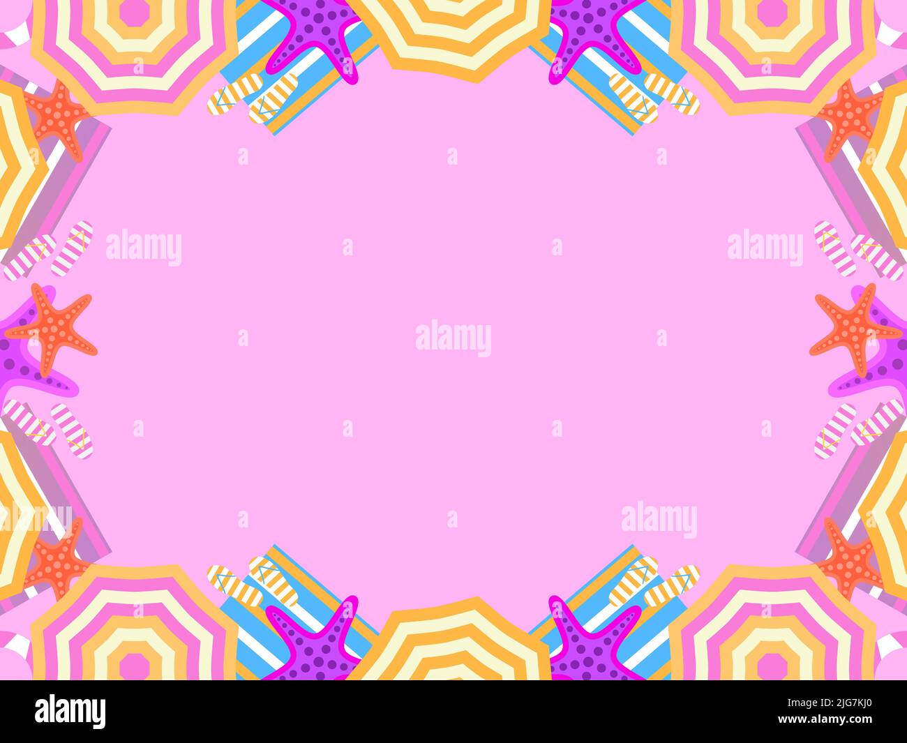 Beach frame, top view. Beach umbrellas and flip flops with starfish in ...