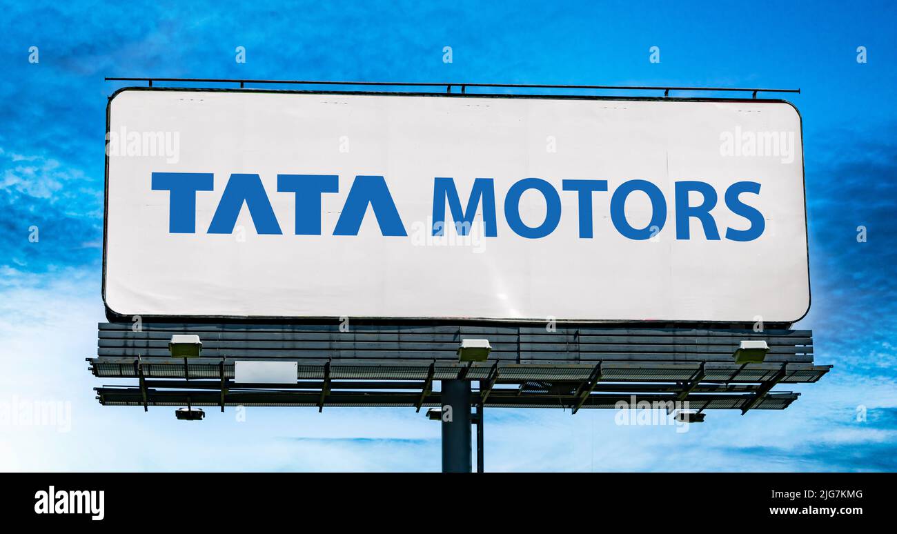 POZNAN, POL - JUN 28, 2022: Advertisement billboard displaying logo of Tata Motors, a multinational automotive manufacturing company, headquartered in Stock Photo