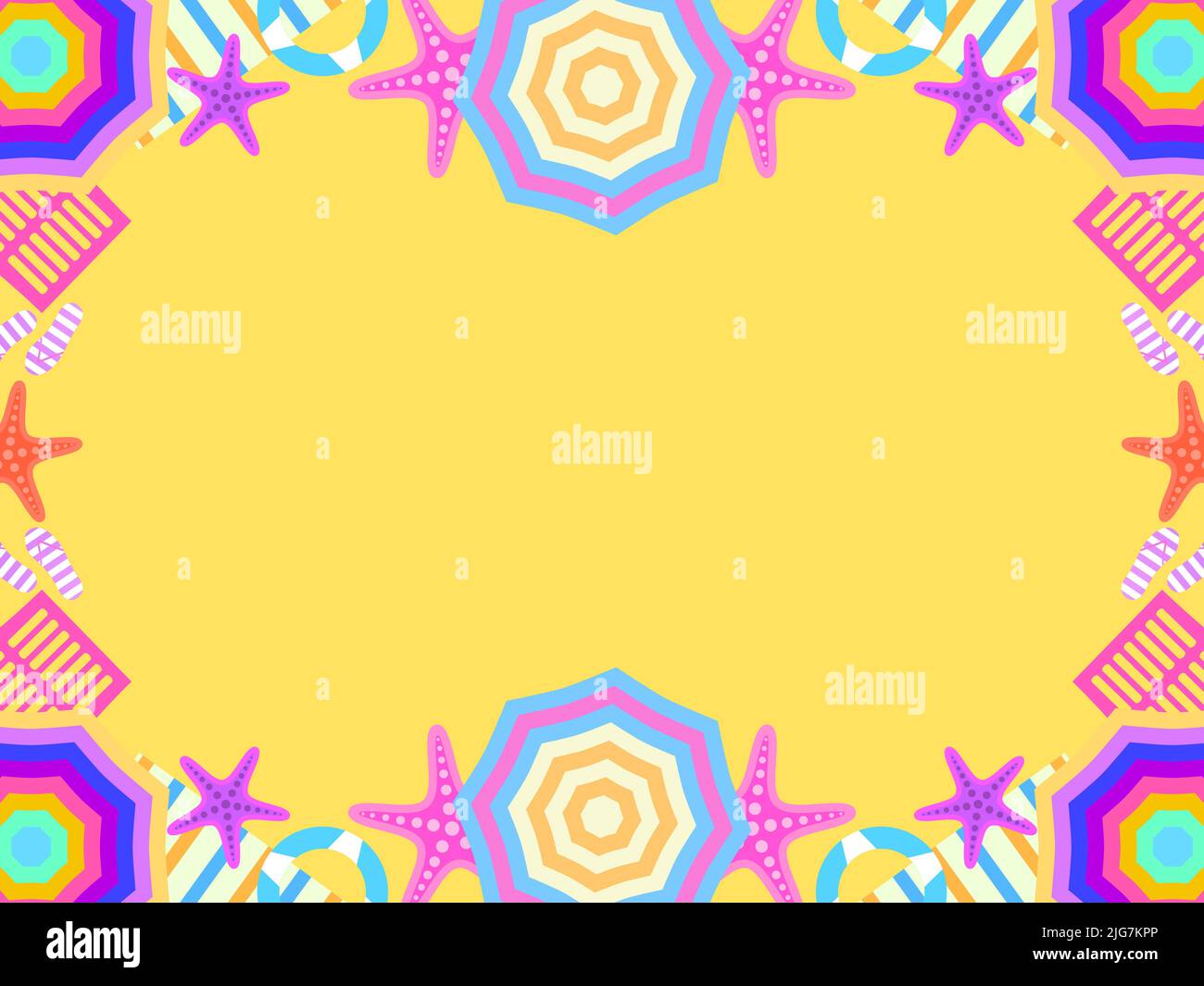 Beach frame, top view. Beach umbrellas and flip flops with starfish on ...