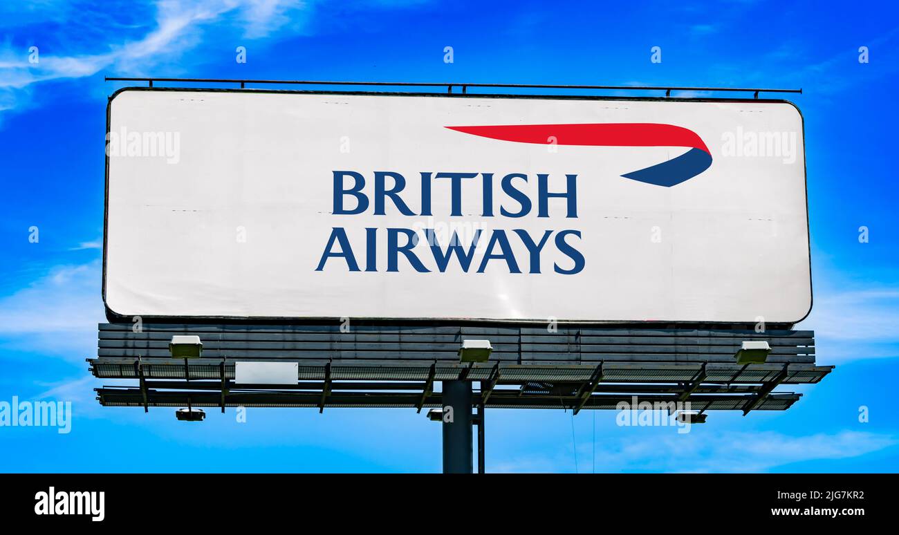 POZNAN, POL - JUN 28, 2022: Advertisement billboard displaying logo of British Airways,  the flag carrier airline of the United Kingdom Stock Photo