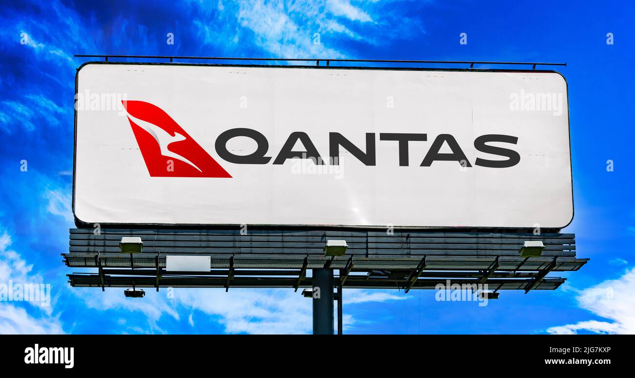POZNAN, POL - JUN 28, 2022: Advertisement billboard displaying logo of Qantas Airways, the flag carrier of Australia Stock Photo