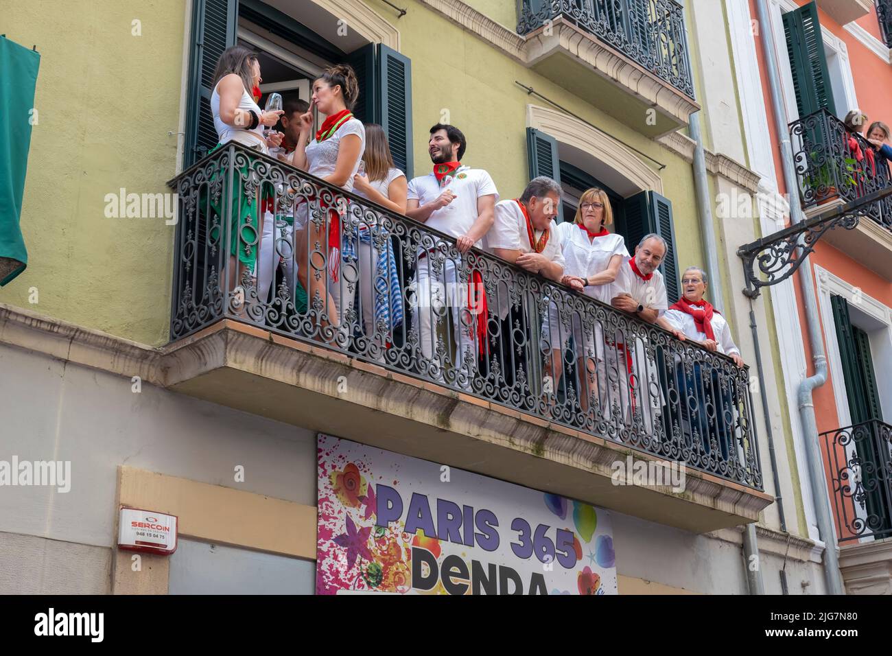 people on the balconies watching the procession on the day of San Fermin. July 07, 2022. Pamplona, Navarra, Spain, Europe. Stock Photo