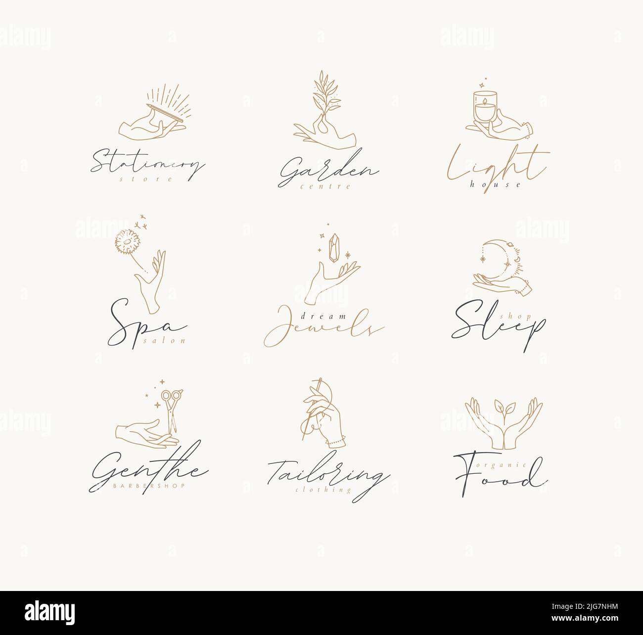 Hand symbol templates pen, branch, candle, dandelion, crystal, moon, scissors, needle, leaf in modern line style drawing on beige background Stock Vector