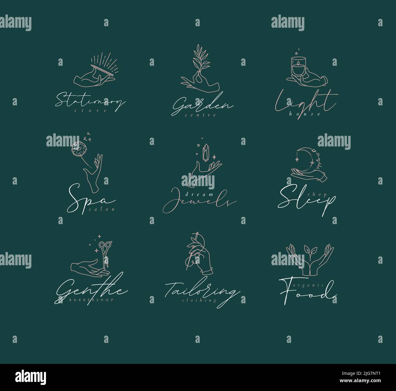 Hand symbol templates pen, branch, candle, dandelion, crystal, moon, scissors, needle, leaf in modern line style drawing on green background Stock Vector