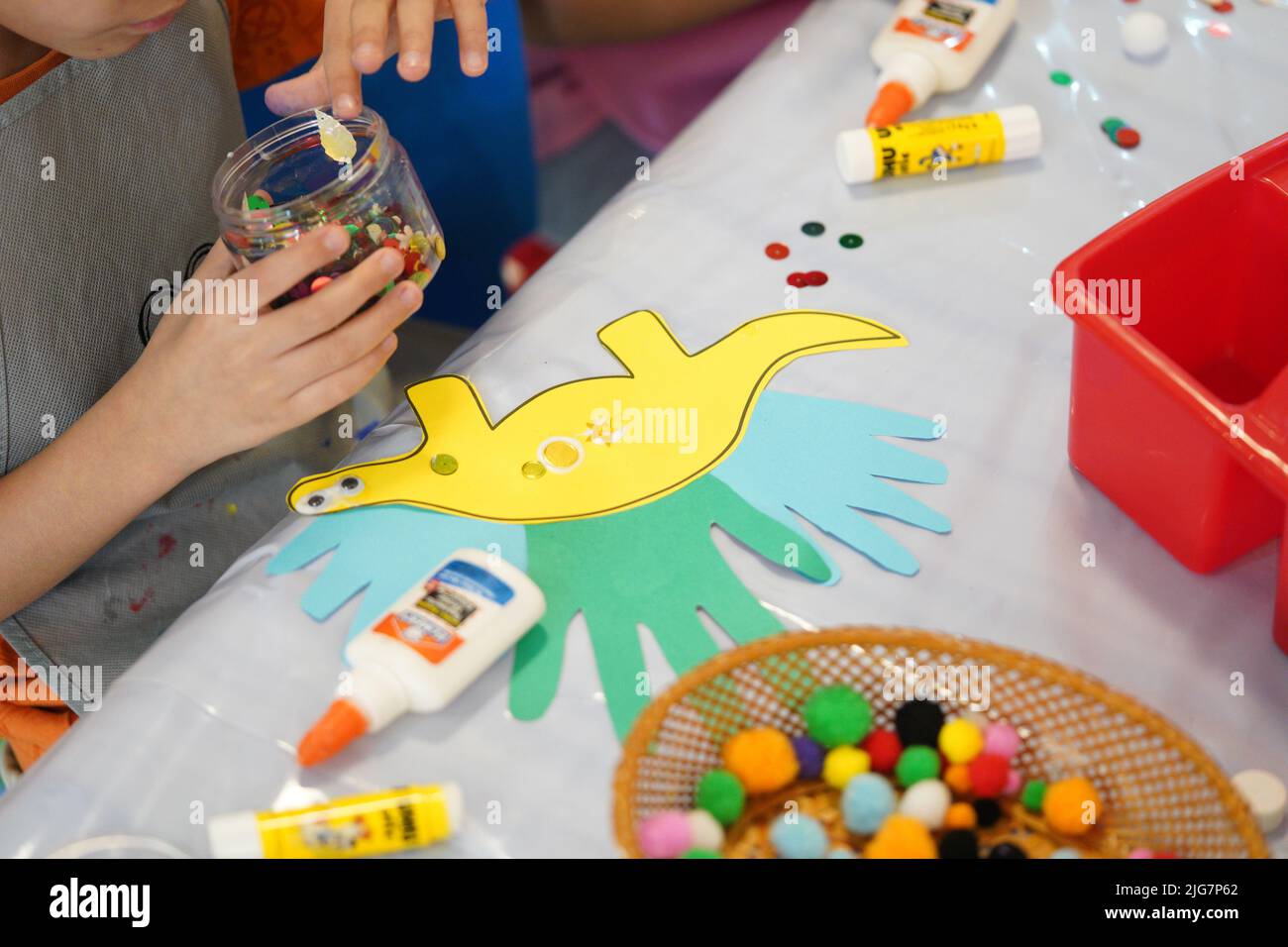 Dinosaurs kids crafts at summer school. Stock Photo