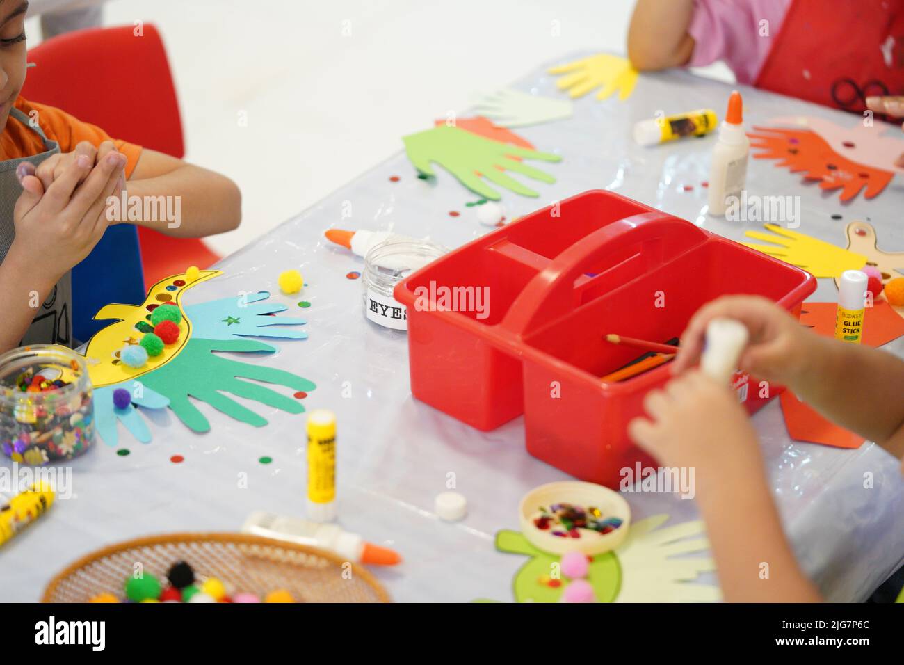 Dinosaurs kids crafts at summer school. Stock Photo