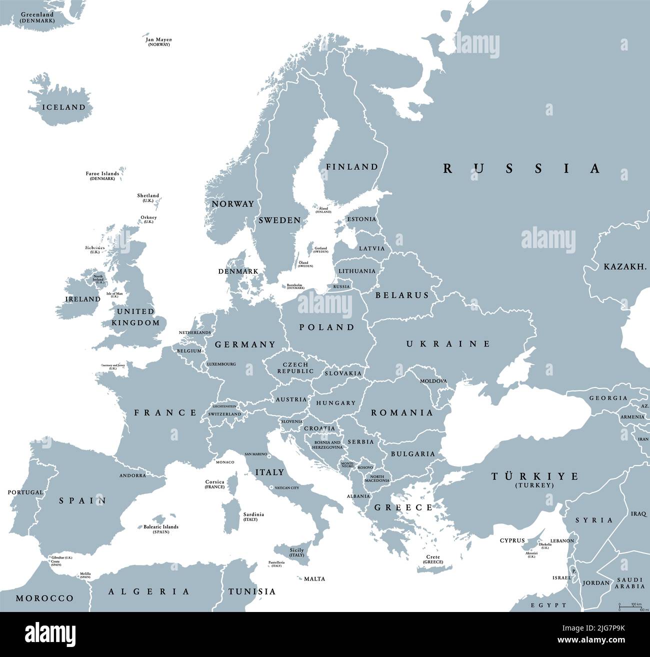 Europe with a part of the Middle East, gray political map. Western part of the continent Eurasia, located in the Northern Hemisphere. Stock Photo