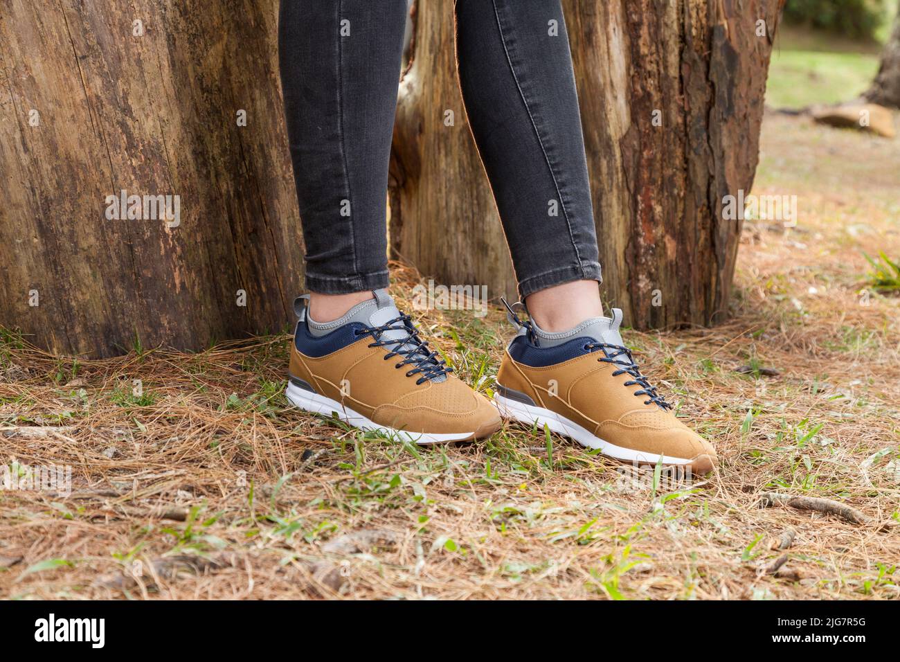 Fashion - shoes with ankle boots photo on a natural background. Stock Photo