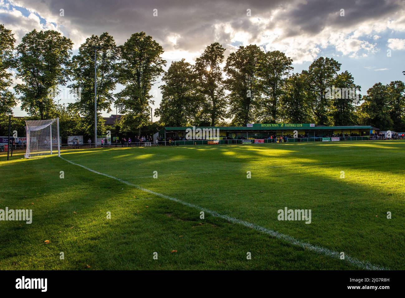 Football pitch at non league ground Hitchin Town Stock Photo