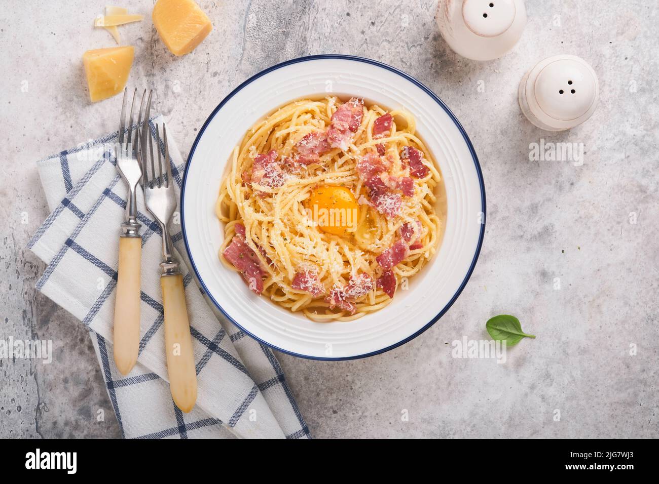 Carbonara pasta. Spaghetti with pancetta, egg, parmesan cheese and