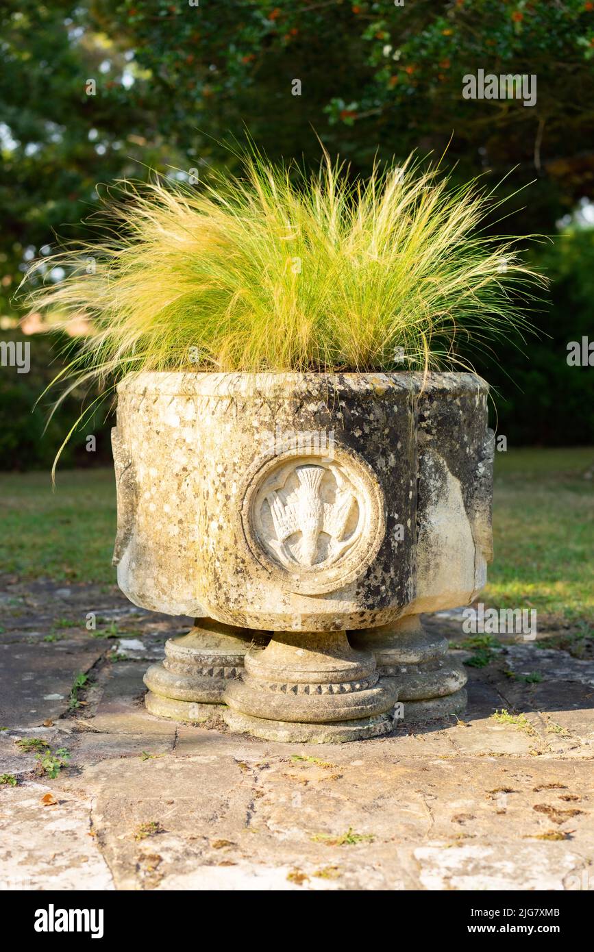 Carved stone font with grasses in a garden location Stock Photo