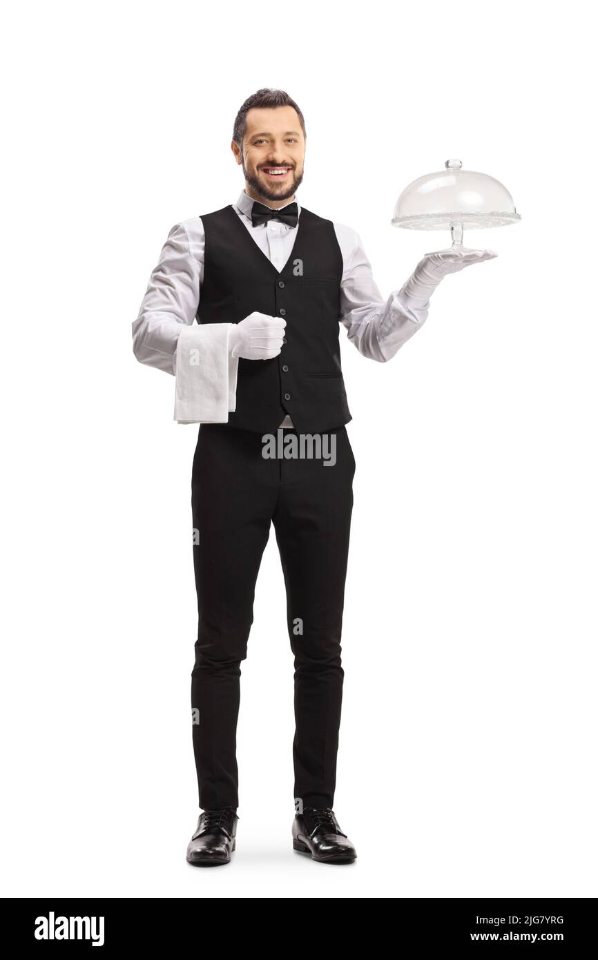Smiling waiter holding an empty cake plate isolated on white background Stock Photo
