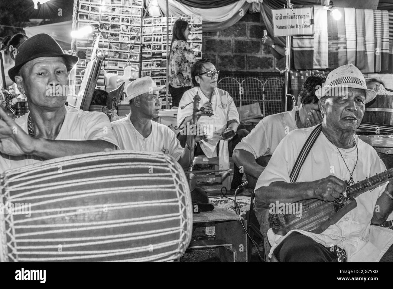 A street musician band composed of senior members in the night market area of Chiang Mai Thailand Southeast Asia Stock Photo